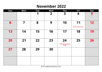 november 2022 calendar, highlighted weekend, week starts on sunday