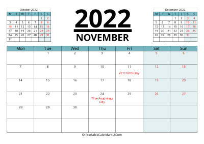 november 2022 calendar with prev and next month, week starts on monday