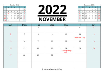 november 2022 calendar with prev and next month, week starts on sunday