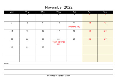 november 2022 monthly calendar with notes, week starts on monday
