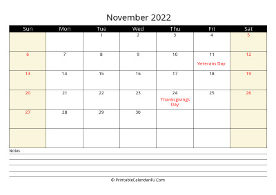 november 2022 monthly calendar with notes, week starts on sunday