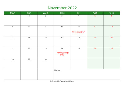 november 2022 printable calendar with holidays, week starts on monday