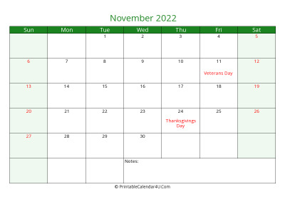 november 2022 printable calendar with holidays, week starts on sunday