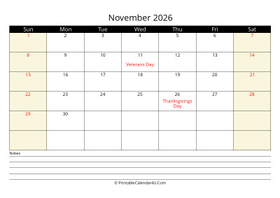 november 2026 monthly calendar with notes, week starts on sunday