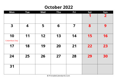 october 2022 calendar, highlighted weekend, week starts on monday