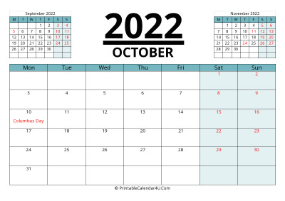 october 2022 calendar with prev and next month, week starts on monday