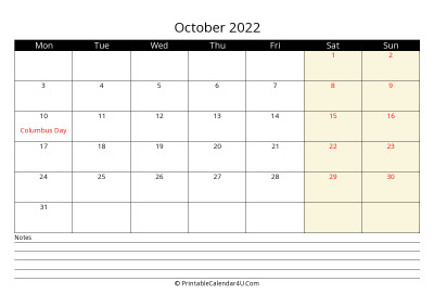 october 2022 monthly calendar with notes, week starts on monday