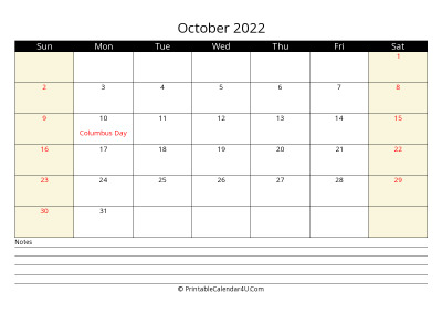 october 2022 monthly calendar with notes, week starts on sunday