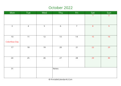 october 2022 printable calendar with holidays, week starts on monday