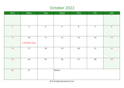 october 2022 printable calendar with holidays, week starts on sunday