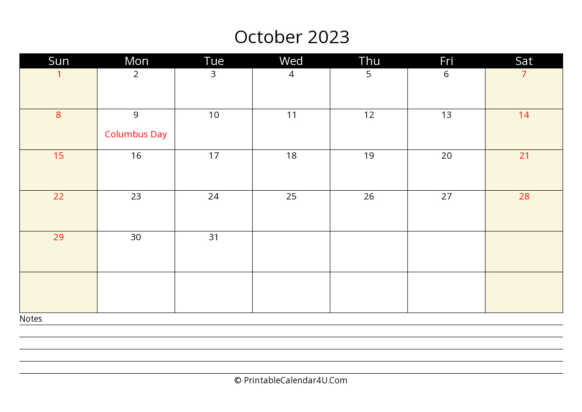 2023 October Calendars | PrintableCalendar4U.Com