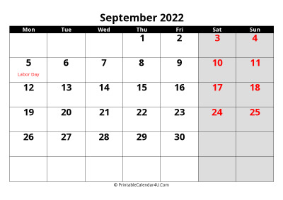 september 2022 calendar, highlighted weekend, week starts on monday