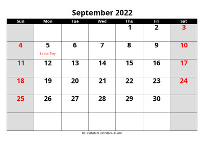 september 2022 calendar, highlighted weekend, week starts on sunday