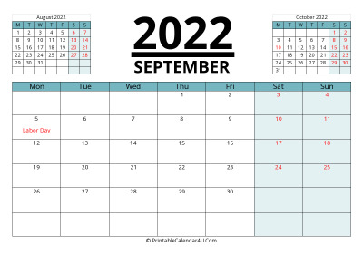 september 2022 calendar with prev and next month, week starts on monday