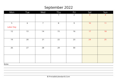september 2022 monthly calendar with notes, week starts on monday