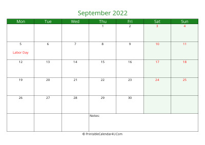 september 2022 printable calendar with holidays, week starts on monday