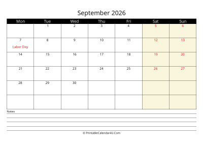 september 2026 monthly calendar with notes, week starts on monday